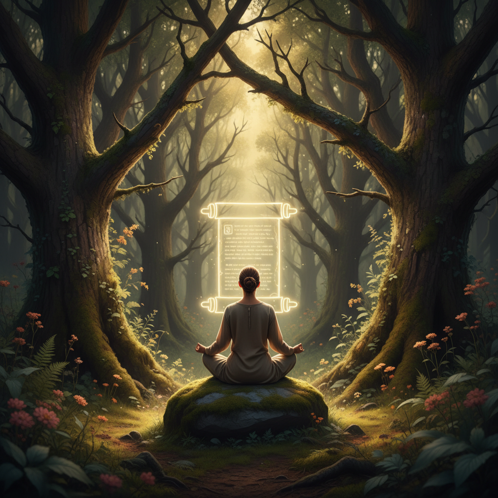 Persona meditando en un entorno natural rodeado de árboles y luz solar suave