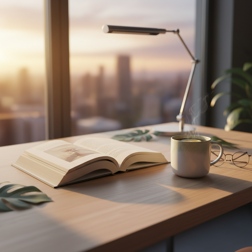 Escritorio ordenado con un libro abierto, una taza de té y luz de atardecer