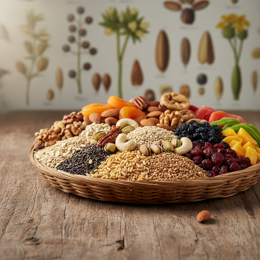 Cesta con granos integrales, nueces y frutas secas