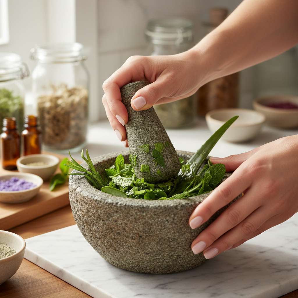 Manos mezclando hierbas verdes en un mortero de piedra